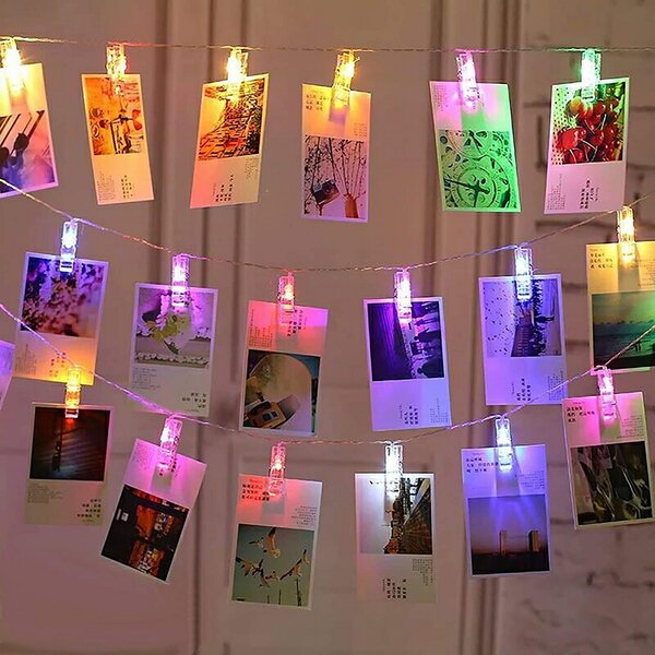 Catena decorata con mollette portafoto luminose a Led RGB 2 metri a batteria e autospegnimento Wisdom