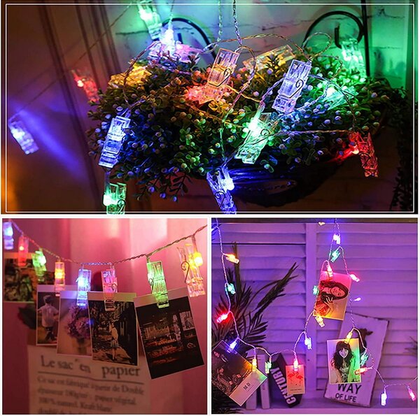 Catena decorata con mollette portafoto luminose a Led RGB 2 metri a batteria e autospegnimento Wisdom