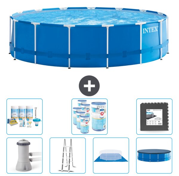 Piscina Intex con struttura rotonda - 457 x 122 cm - blu - compresa pompa - scala - telo di fondo - confezione di manutenzione della copertura - filtro - piastrelle per il pavimento
