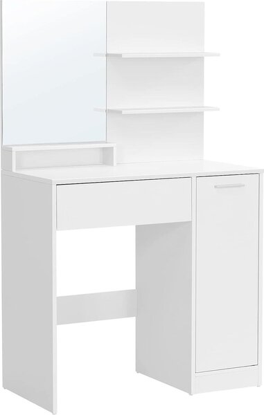 VASAGLE, toletta, toletta, toletta con specchio, 1 cassetto, 2 ripiani, mobile contenitore, organizer per il trucco bianco