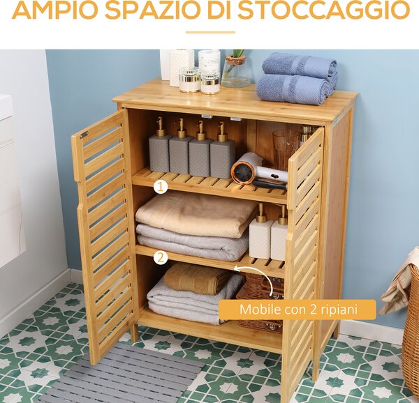 Kleankin Mobile Bagno Moderno a 2 Ante con 2 Ripiani Ventilati in Bambù, 68x32x86 cm, color Legno|Aosom