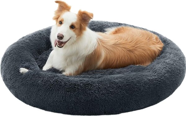 Lettino per cani Feandrea, cestino per gatti, cuscino a ciambella, lavabile, imbottitura centrale rimovibile, peluche lungo, diametro 100 cm, grigio scuro