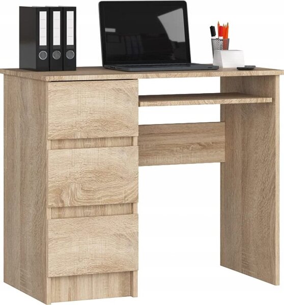 BDW, scrivania per computer con 3 cassetti, cassetto per tastiera, 90x77x50 cm, rovere Sonoma (a sinistra)
