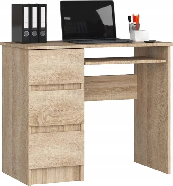 BDW, scrivania per computer con 3 cassetti, cassetto per tastiera, 90x77x50 cm, rovere Sonoma (a sinistra)