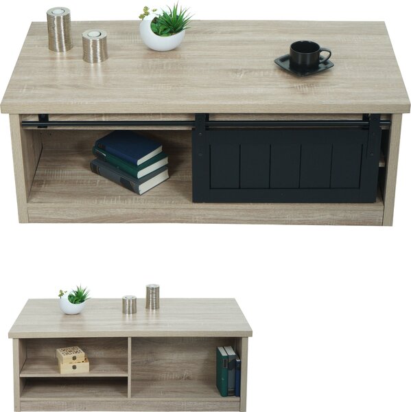 Tavolino da salotto MCW-K75, tavolino da salotto, ante scorrevoli, 6 vani portaoggetti, metallo effetto legno, 44x120x60 cm ~ colore naturale