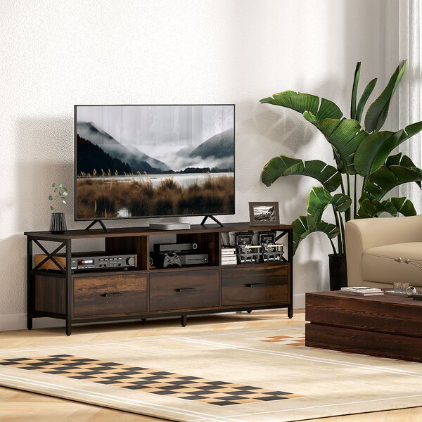 HOMCOM Mobile TV Industriale con 3 Cassetti e 3 Ripiani Aperti, in Legno e Acciaio, 147x40x50 cm, Nero e Marrone