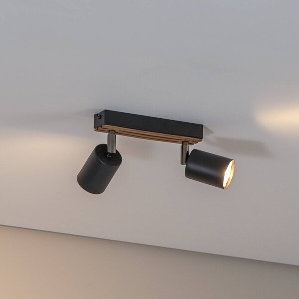 Envostar Tino faretto da soffitto a 2 luci nero/legno Tino, dimmerabile, Nero, Soggiorno / Sala da pranzo, Metallo, Faretto alogeno