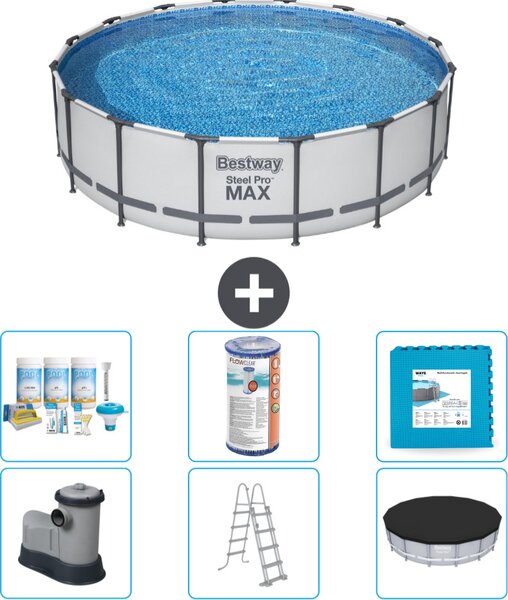 Piscina Bestway Round Steel Pro MAX - 488 x 122 cm - grigio - inclusa pompa - scala - pacchetto manutenzione copertura - filtro - piastrelle per il pavimento