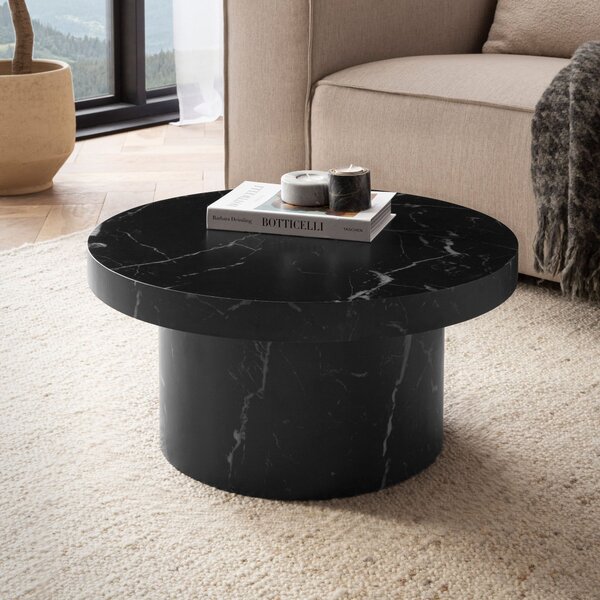 WOHNLING Tavolino da caffè 60x60x30 cm Nero Tavolino da divano in look marmo Tavolo da soggiorno moderno Tavolo da salotto rotondo a forma di fungo Tavolino da caffè Tavolino piccolo