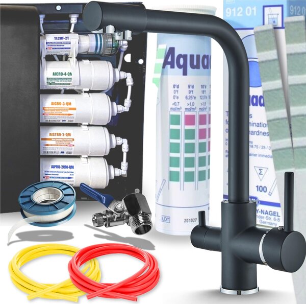 Rubinetto da cucina Ari Venom 1 a 3 vie con collegamento filtro acqua, doppia bocca erogazione, beccuccio girevole 360, nero cromato