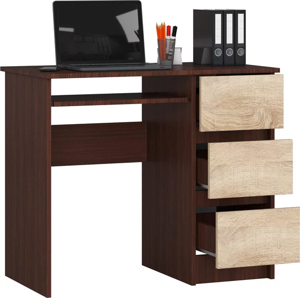 BDW, scrivania per computer con 3 cassetti, cassetto per tastiera, 90x77x50 cm, Venga / rovere Sonoma (a destra)