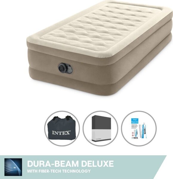 Letto ad aria Intex - 1 persona - 99 x 191 x 46 cm - Beige - Con pompa incorporata + lenzuolo nero + set di riparazione