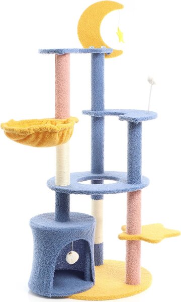Fudajo tiragraffi con luna e stelle alto 132 cm, tiragraffi per gatti in blu/giallo, albero per gatti con casetta e abbeveratoio, mobili per gatti con palline da gioco