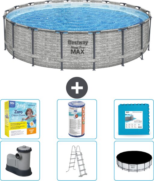Piscina Bestway Round Steel Pro MAX - stampa su pietra - 549 x 122 - inclusa pompa - scala - pacchetto di manutenzione della copertura - filtro - pavimento in piastrelle