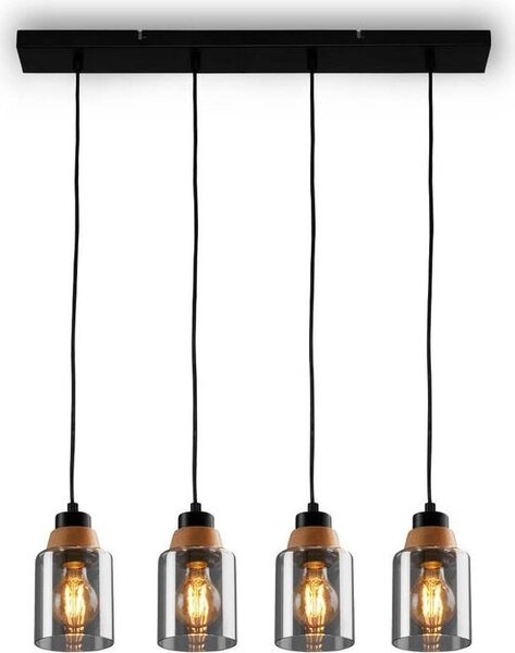Lampada a sospensione, con legno, vetro fumé, 4xE27/max