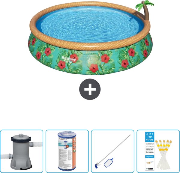 Piscina gonfiabile rotonda Bestway ad ambientazione rapida - Paradise Print - 457 x 84 cm - inclusa pompa - filtro - kit di pulizia - strisce reattive