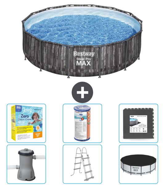 Piscina Bestway Round Steel Pro MAX - stampa legno - 427 x 107 cm - inclusa pompa - scala - pacchetto manutenzione copertura - filtro - piastrelle pavimento