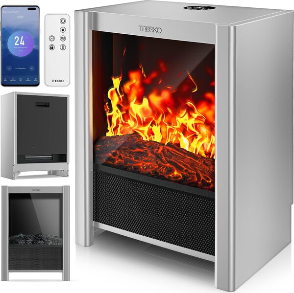 TRESKO® Caminetto elettrico con riscaldamento e telecomando 2000W, app WiFi | caminetto elettrico con effetto fiamma LED e display LCD | caminetto con termostato, timer | stufa elettrica a legna da appoggio per caminetto con termoventilatore