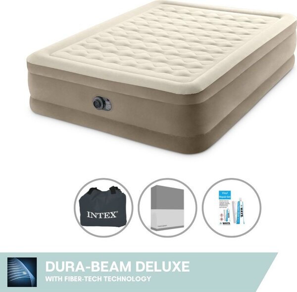 Letto gonfiabile Intex - 2 persone - 152 x 203 x 46 cm - Beige - Con pompa incorporata + lenzuola antracite + set di riparazione