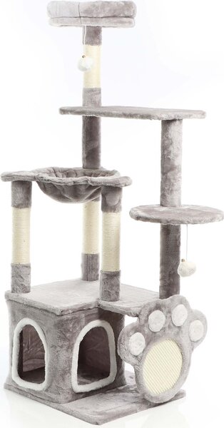 Fudajo tiragraffi con tiragraffi a zampa grigio 135 cm, tiragraffi per gatti con casetta e abbeveratoio, albero per gatti con piattaforme, albero da arrampicata per gatti