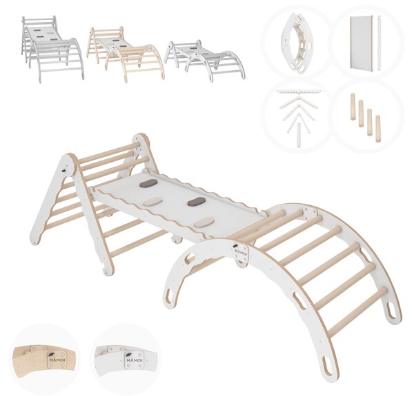 MAMOI® Set struttura di arrampicata per interni, triangolo di arrampicata con scivolo in legno, arco di arrampicata, arrampicata per bambini, altalena arcobaleno con tavola di scorrimento, arco in legno