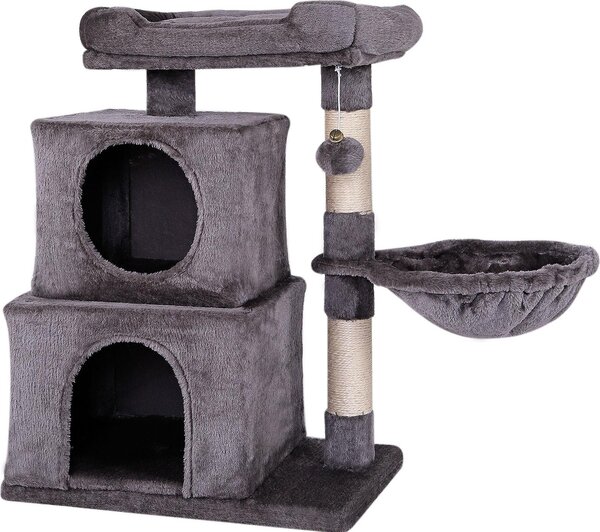Tiragraffi per gatti lionto, 70 cm con 2 grotte, cavità per sdraiarsi, letto per sdraiarsi e palla da gioco, robusto e accogliente, grigio scuro