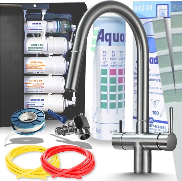 Miscelatore da cucina Ari Slender a 3 vie, color grafite, con getto estraibile e sistema di filtraggio dell'acqua a 5 stadi con filtro sottobanco