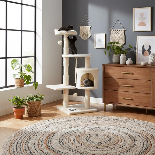 Belviona tiragraffi per gatti, tiragraffi compatto da 112 cm con palline, sisal e grotta di coccole, beige/bianco