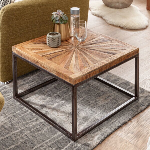 FineBuy tavolino da caffè mango massiccio 55x40x55 cm tavolo con struttura in metallo | Tavolo da soggiorno quadrato dal design industriale | Tavolino da caffè moderno massiccio