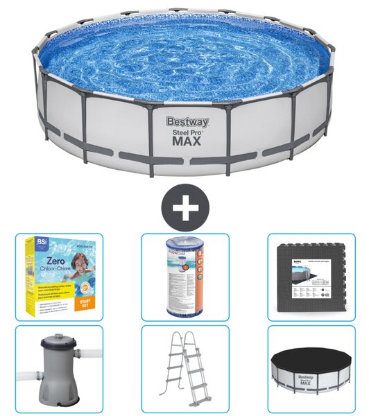 Piscina Bestway Round Steel Pro MAX - 457 x 107 cm - grigio - inclusa pompa - scala - pacchetto manutenzione copertura - filtro - piastrelle per il pavimento
