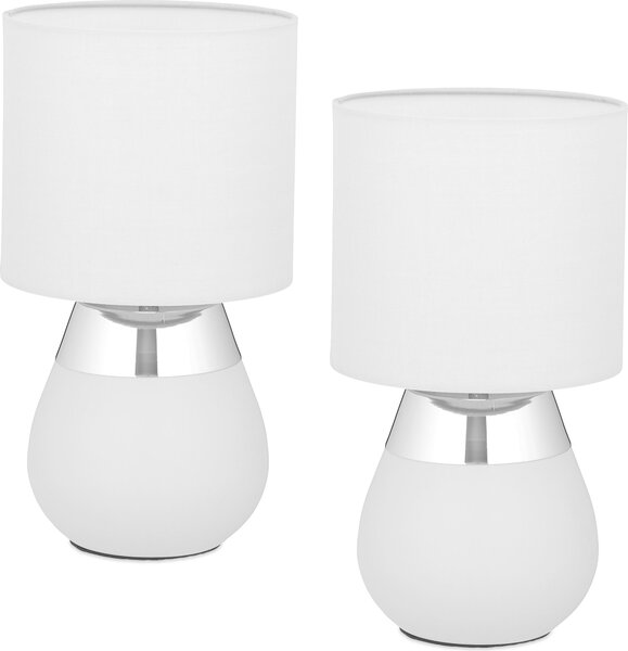 Lampada da tavolo Relaxdays, set da 2, base in metallo, paralume in tessuto, E14, A x P: 32 x 18 cm, lampada da comodino con cavo, grigio/argento