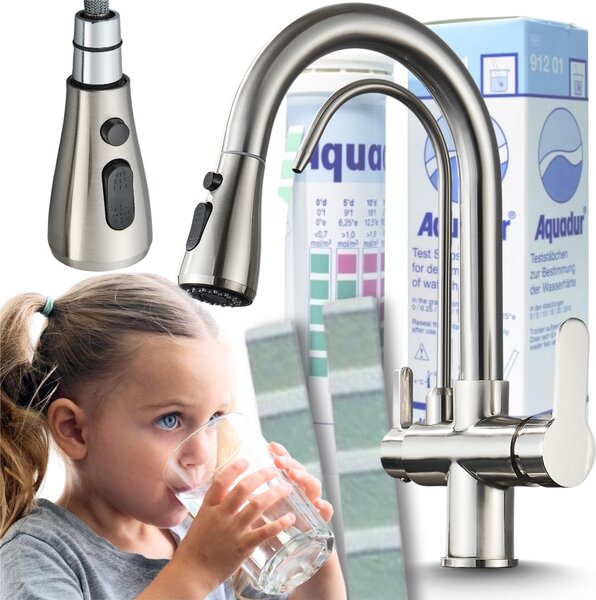 Rubinetto da cucina a 3 vie Ari Nordic con doccetta estraibile, acciaio inox satinato, girevole 360 gradi, per filtro acqua