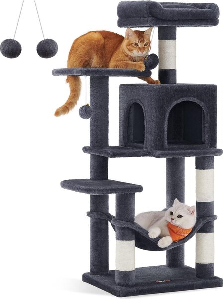 Tiragraffi Feandrea, altezza 112 cm, albero per gatti, casa per gatti a più piani, con 4 tiragraffi, 2 piattaforme, amaca, grotta