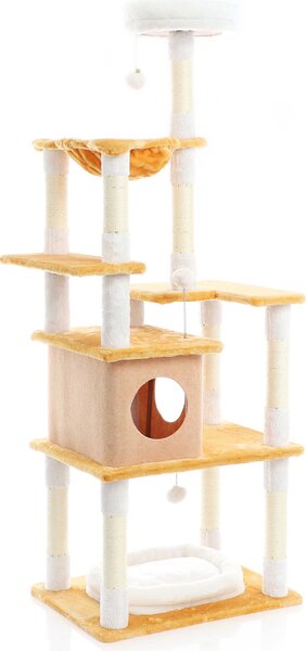 Tiragraffi Fudajo in bianco/marrone alto 164 cm, tiragraffi per gatti con casetta per gatti e abbeveratoio, albero per gatti con sisal, peluche e palline da gioco