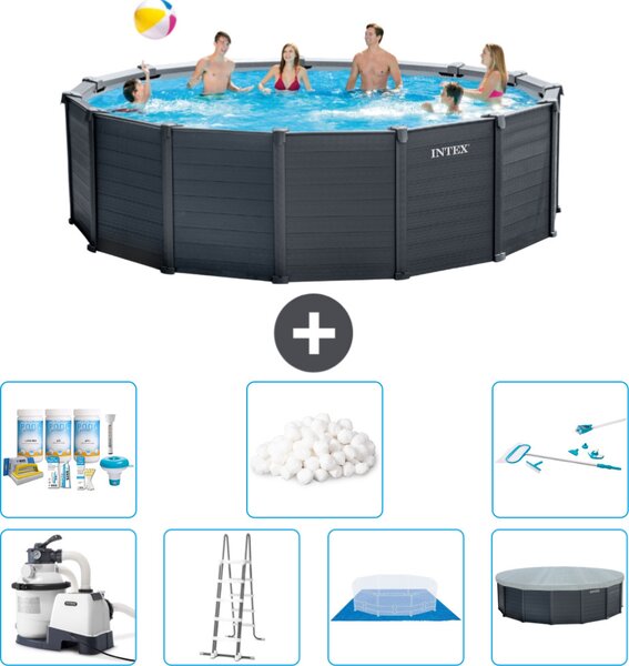 Piscina rotonda Intex con pannello grigio grafite - 478 x 124 cm - inclusa pompa - scaletta - telo di fondo - pacchetto di manutenzione della copertura - sfere filtranti - kit di pulizia