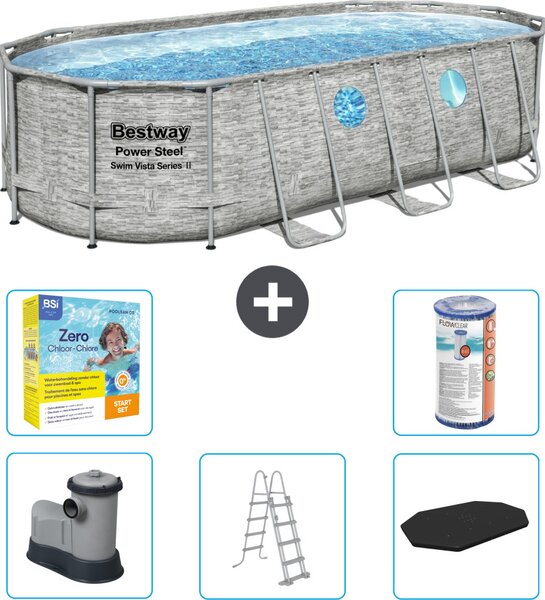 Piscina Bestway Oval Power Steel Swim Vista - stampa su pietra - 549 x 274 x 122 - inclusa pompa - scala - copertura pacchetto manutenzione - filtro