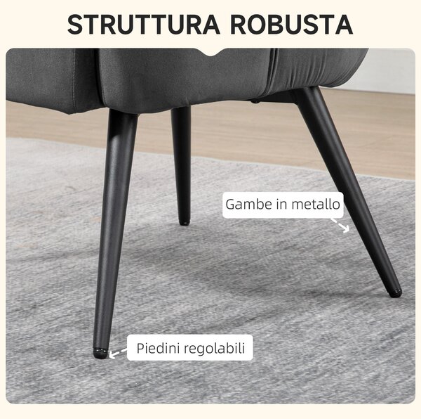 HOMCOM Poltrona D'Arredo Imbottita con Braccioli e Poggiapiedi Integrato in Tessuto Effetto Velluto Grigio Scuro|Aosom