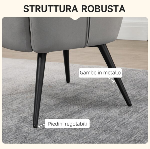 HOMCOM Poltrona D'Arredo Imbottita con Braccioli e Poggiapiedi Integrato in Tessuto Effetto Velluto Grigio Chiaro|Aosom