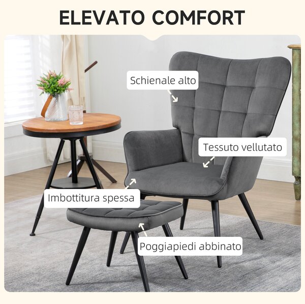 HOMCOM Poltrona D'Arredo Imbottita con Braccioli e Poggiapiedi Integrato in Tessuto Effetto Velluto Grigio Scuro|Aosom