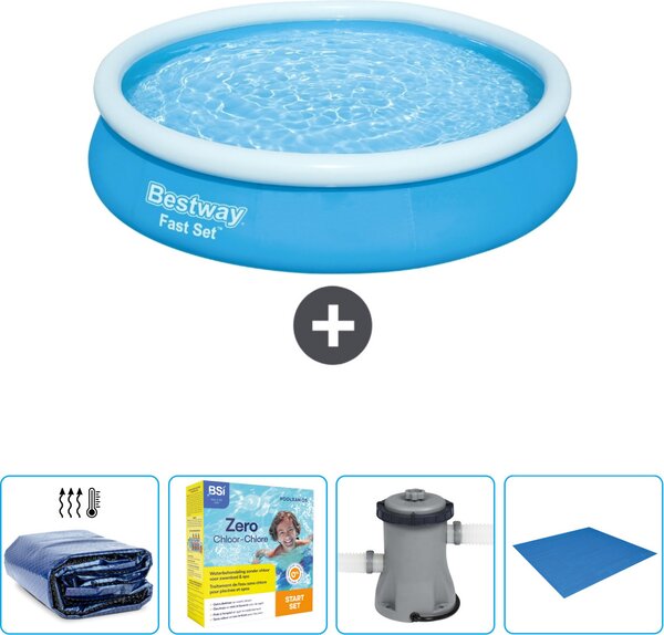 Piscina gonfiabile rotonda Bestway ad ambientazione rapida - 366 x 76 cm - blu - include tenda da sole - pacchetto manutenzione - pompa - telo di protezione