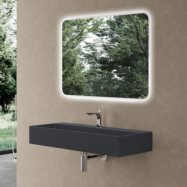 Ddoporro Lavabo da Bagno Rettangolare 100 cm in Resina Minerale Antracite Opaco, Lavandino Sospeso / da Appoggio con Foro Rubinetto -Col6028