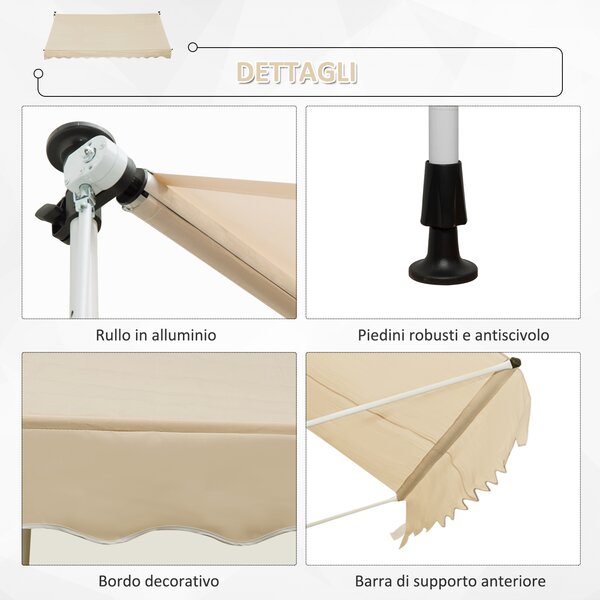 Outsunny Tenda avvolgibile da sole a bracci per balcone con manovella, tenda da sole per esterni in metallo e poliestere, 3x1.5m, beige | Aosom Italy