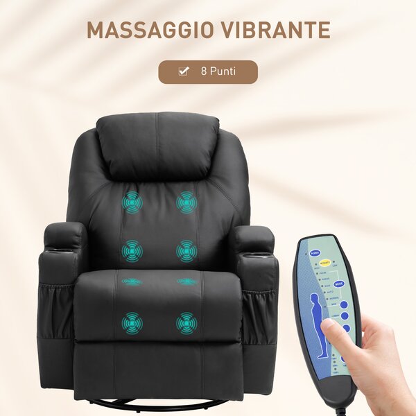 HOMCOM Poltrona Relax Massaggiante con 8 Punti 5 Modalità e 2 Intensità Poltroncine da Camera Reclinabile con Poggiapiedi e Girevole Nero|Aosom