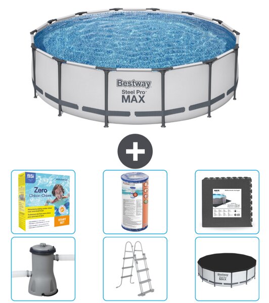 Piscina Bestway Round Steel Pro MAX - 427 x 107 cm - grigio - inclusa pompa - scala - pacchetto manutenzione copertura - filtro - piastrelle per il pavimento