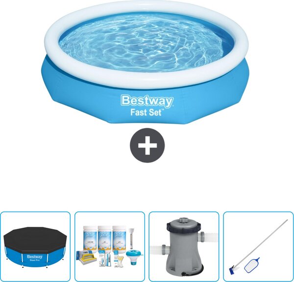 Bestway piscina gonfiabile rotonda ad ambientazione rapida - 305 x 66 cm - blu - include copertura - pacchetto manutenzione - pompa - kit di pulizia