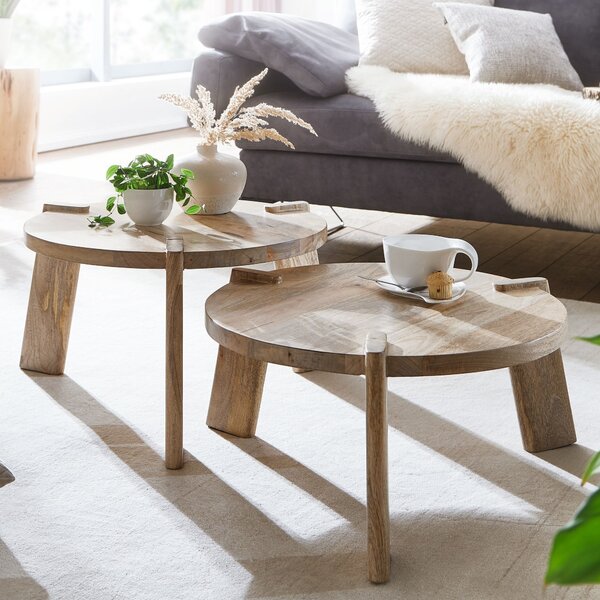 FineBuy set di 2 tavolini in legno massiccio di mango rotondi naturali - Tavolino da salotto di design giapponese - Tavolini fatti a mano in vero legno