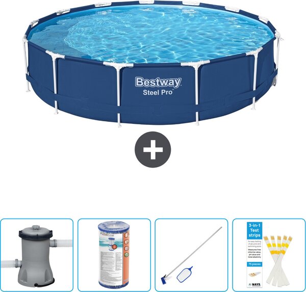 Piscina Bestway Round Steel Pro - 396 x 84 cm - blu - compresa pompa - filtro - kit di pulizia - strisce reattive