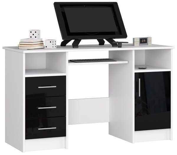 Scrivania Scandinava Nera Lucida con Ripiano Estraibile e 3 Cassetti 124 cm