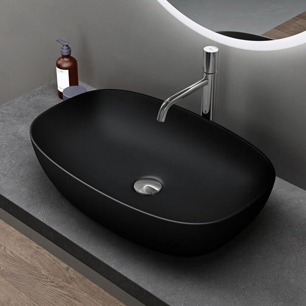 Doporro Lavabo da Appoggio in Vetroceramica Nero Opaco 60 cm, Lavandino Bagno Brüssel104