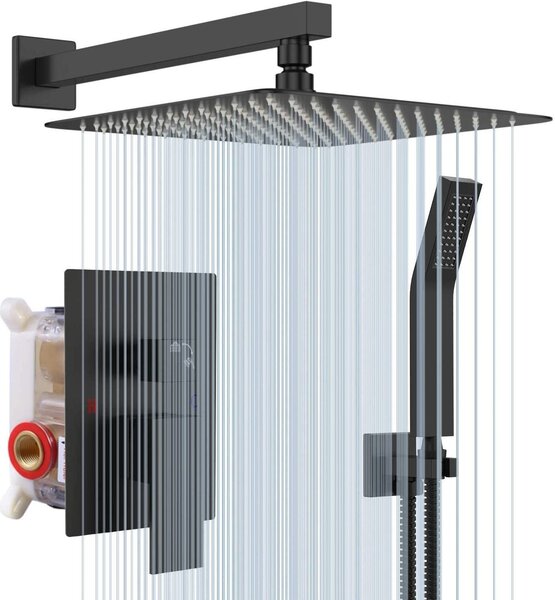 Set di miscelatori da incasso per doccia Rainsworth, soffione a pioggia quadrato 30x30 cm con tecnologia a iniezione d'aria all'avanguardia, acciaio inox e ottone di alta qualità